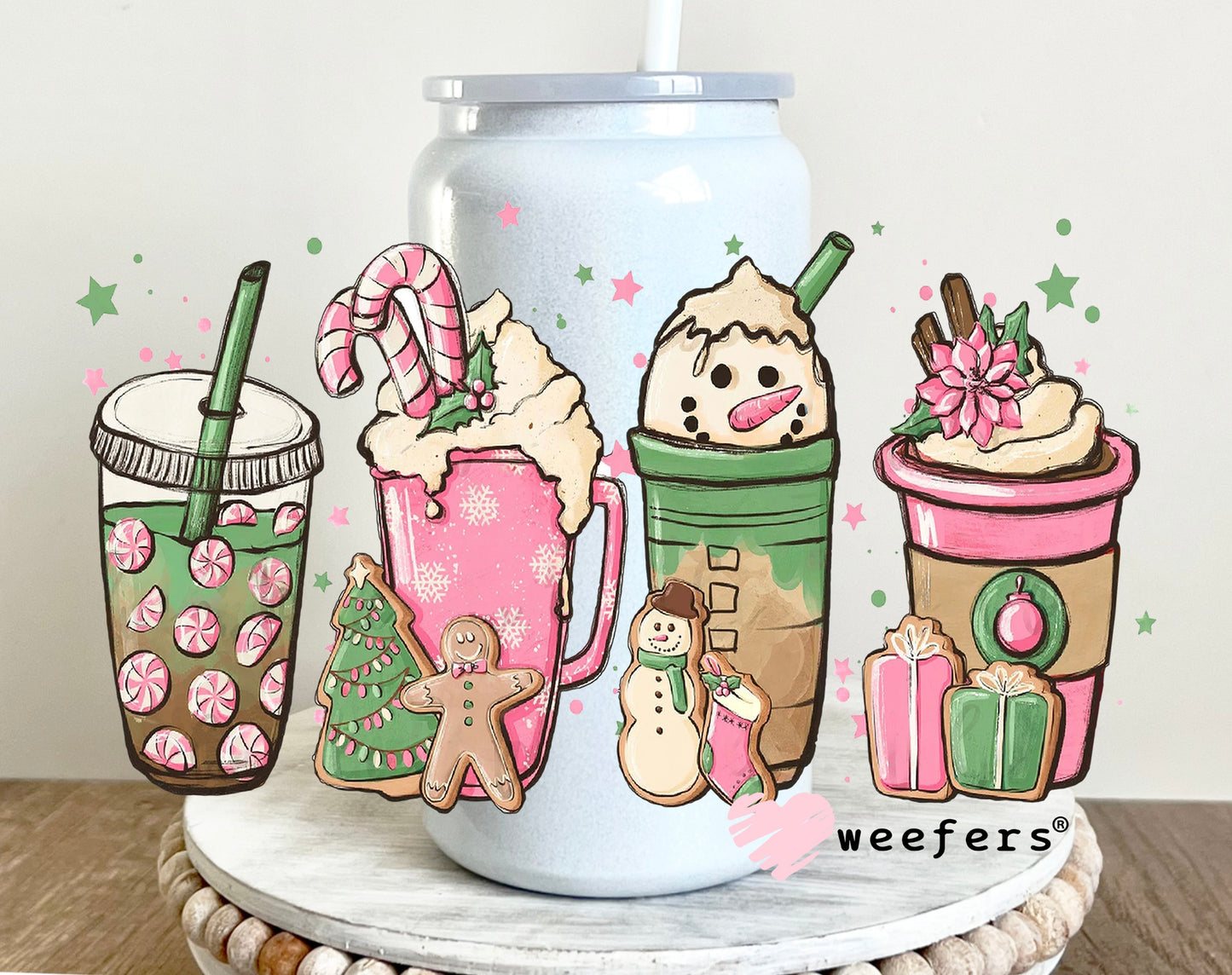 Christmas Pink Coffee Latte UV DTF Decal 16oz Glass Can Generic Weefers