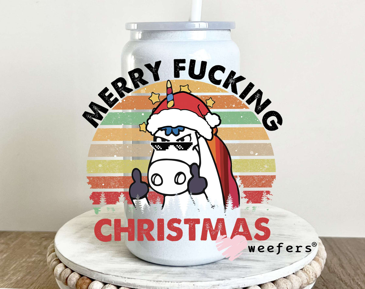 Funny Merry F'ing Christmas Unicorn UV DTF Decal 16oz Glass Can Generic Weefers