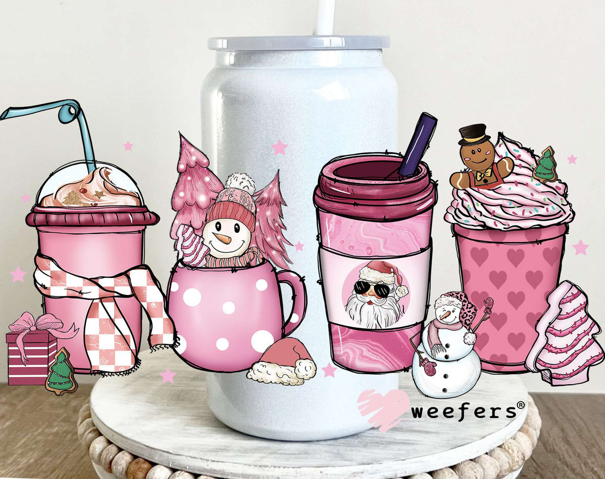 Pink Santa Snowman Coffee Latte UV DTF Decal 16oz Glass Can Generic Weefers