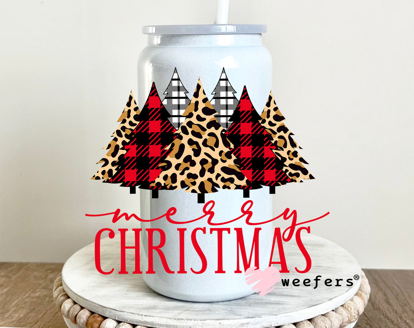 Merry Christmas Plaid Christmas Trees UV DTF Decal 16oz Glass Can Generic Weefers