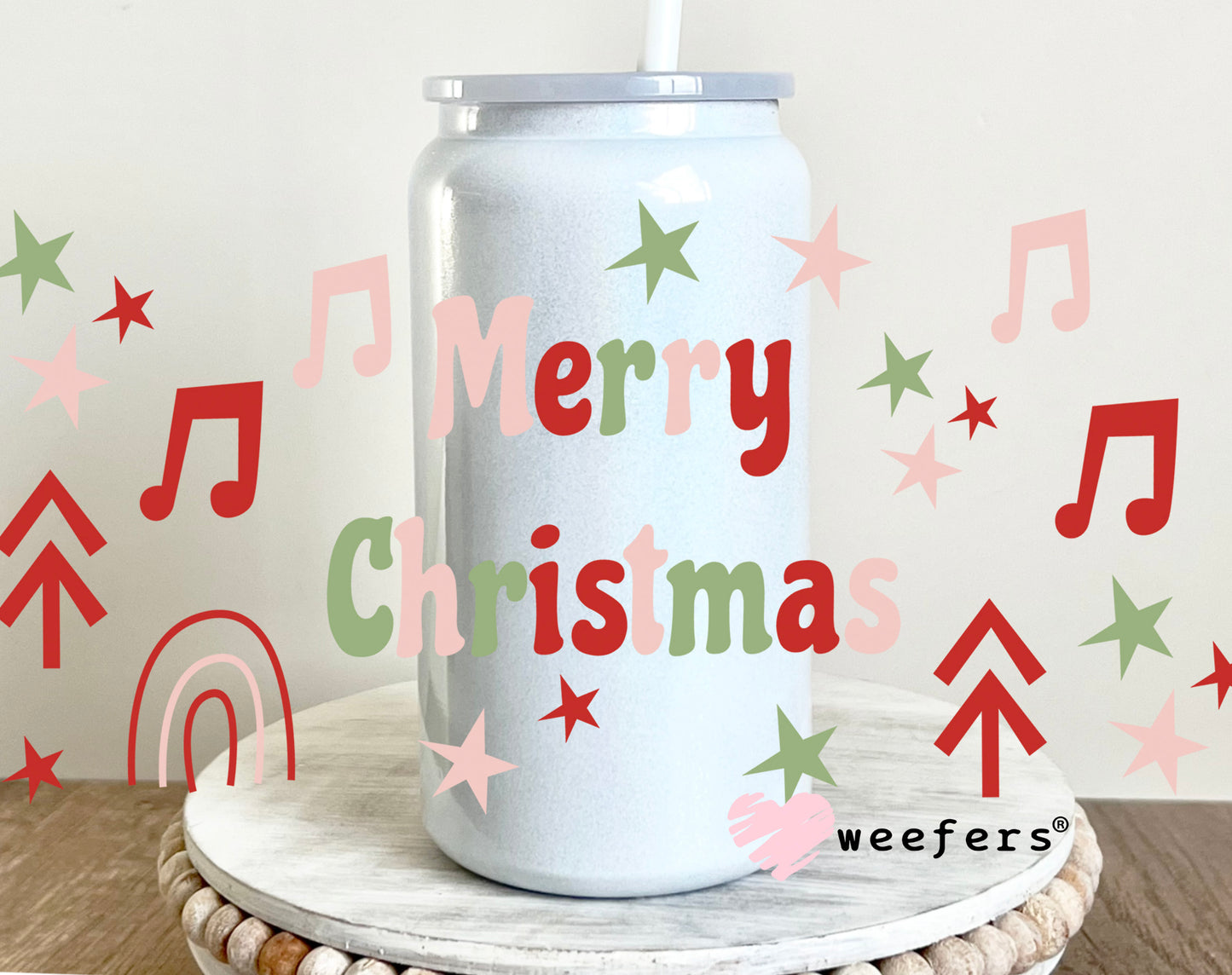 Merry Christmas Music Notes UV DTF Cup Wrap 16oz Glass Can Generic Weefers