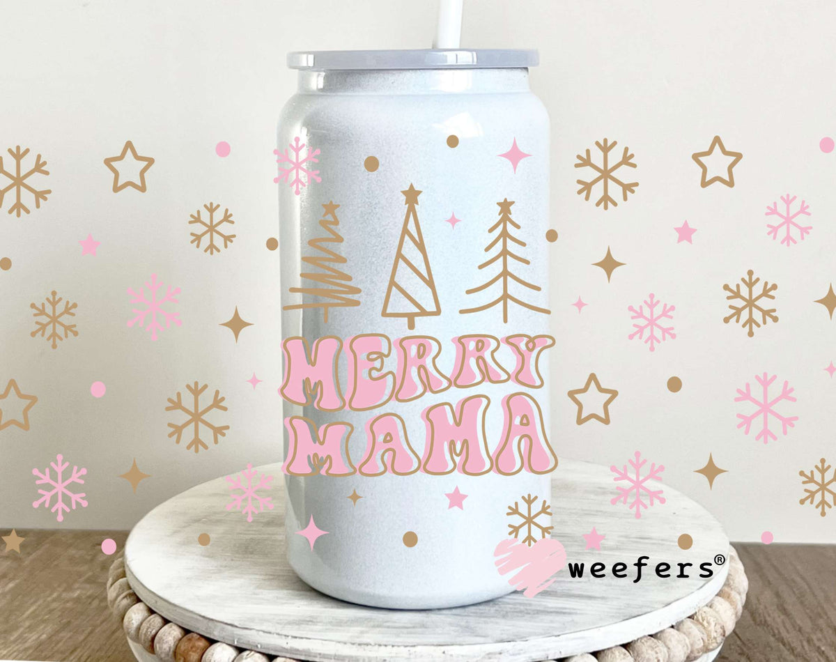 Mama Pink Christmas Snowflakes UV DTF Cup Wrap 16oz Glass Can Generic Weefers