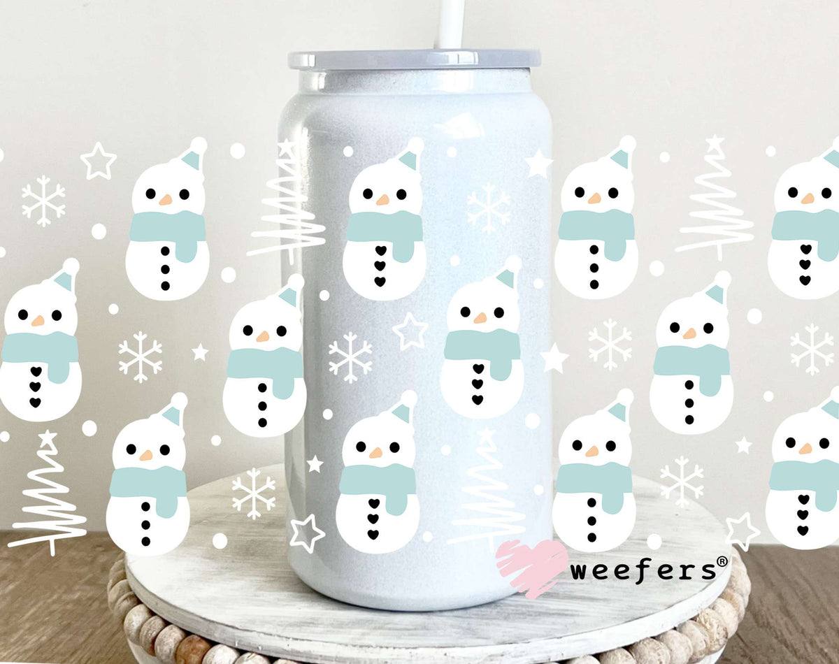 Blue and White Snowmen UV DTF Cup Wrap 16oz Glass Can Generic Weefers