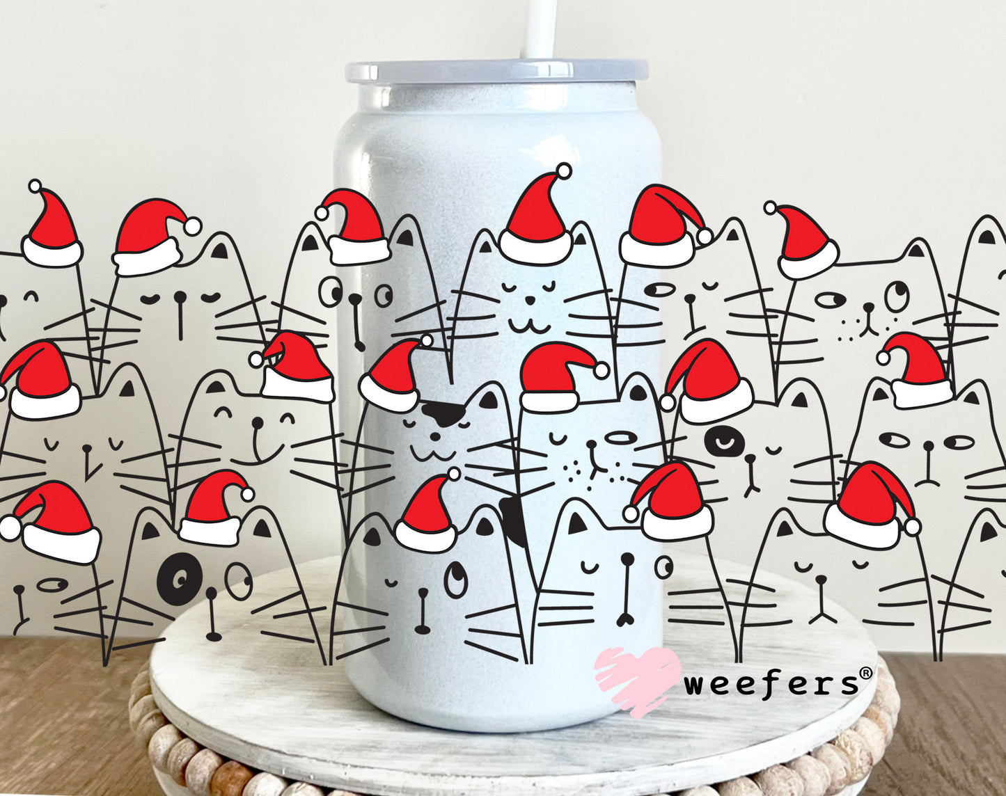 Santa Hat Curious Cats UV DTF Cup Wrap 16oz Glass Can Generic Weefers