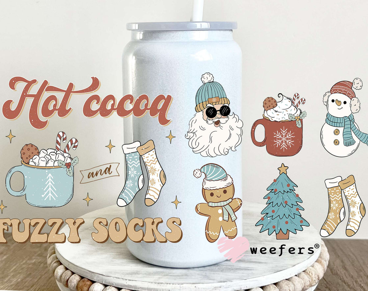 Hot Cocoa Fuzzy Socks Christmas UV DTF Cup Wrap 16oz Glass Can Generic Weefers