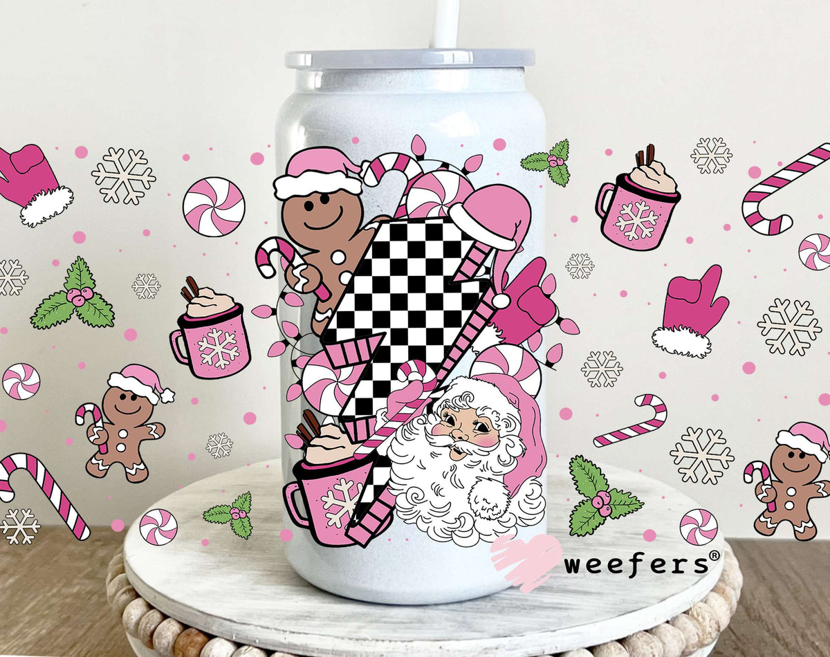 Pink and Black Checkered Santa Christmas UV DTF Cup Wrap 16oz Glass Can Generic Weefers
