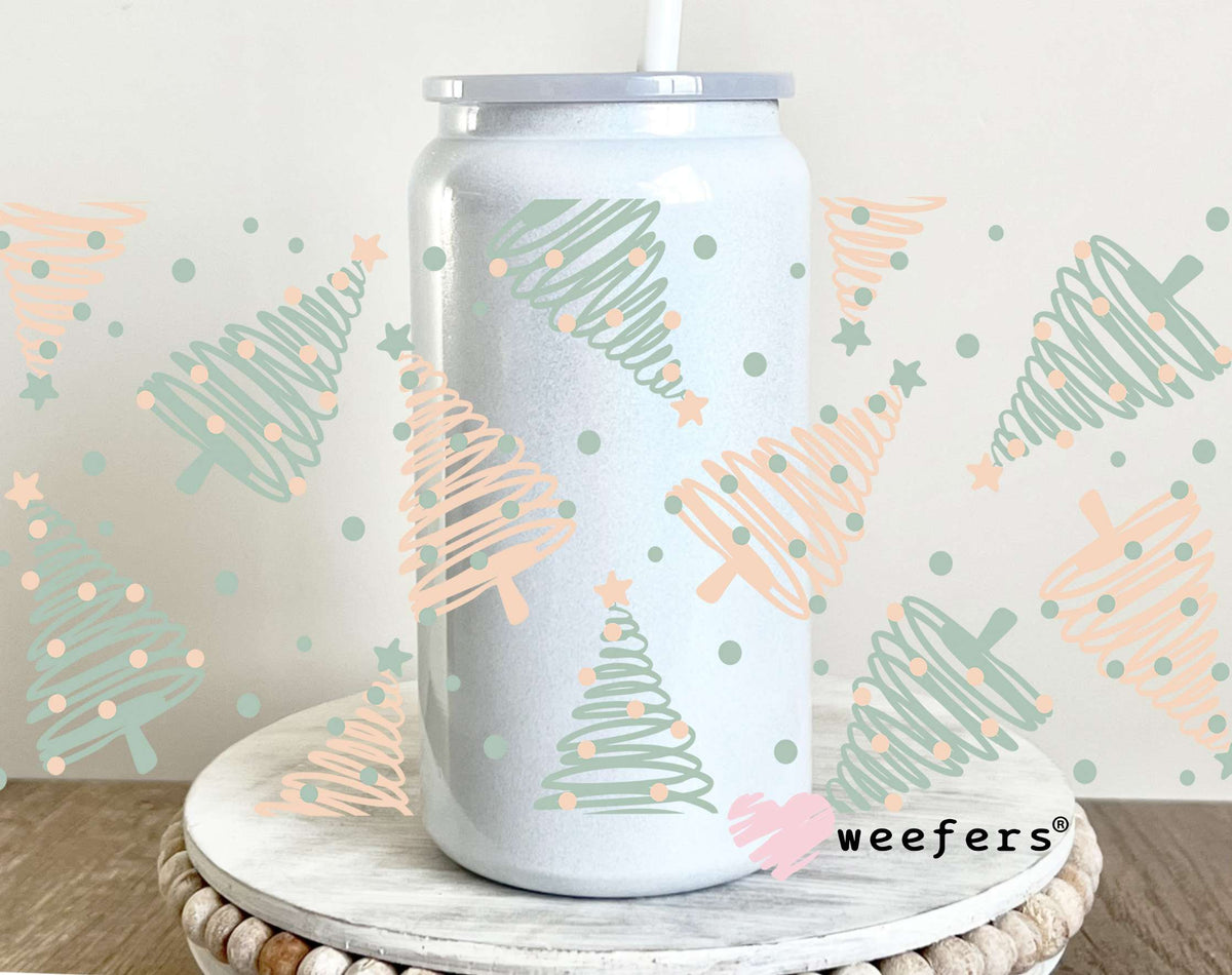 Pastel Green and Peach Christmas Trees UV DTF Cup Wrap 16oz Glass Can Generic Weefers