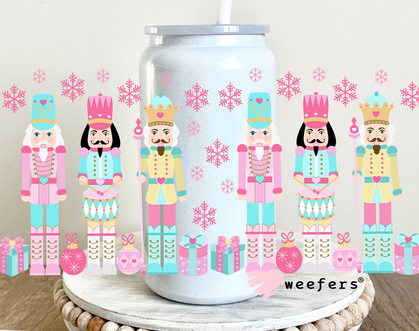 Christmas Pink Nutcrackers and Coral UV DTF Cup Wrap 16oz Glass Can Generic Weefers