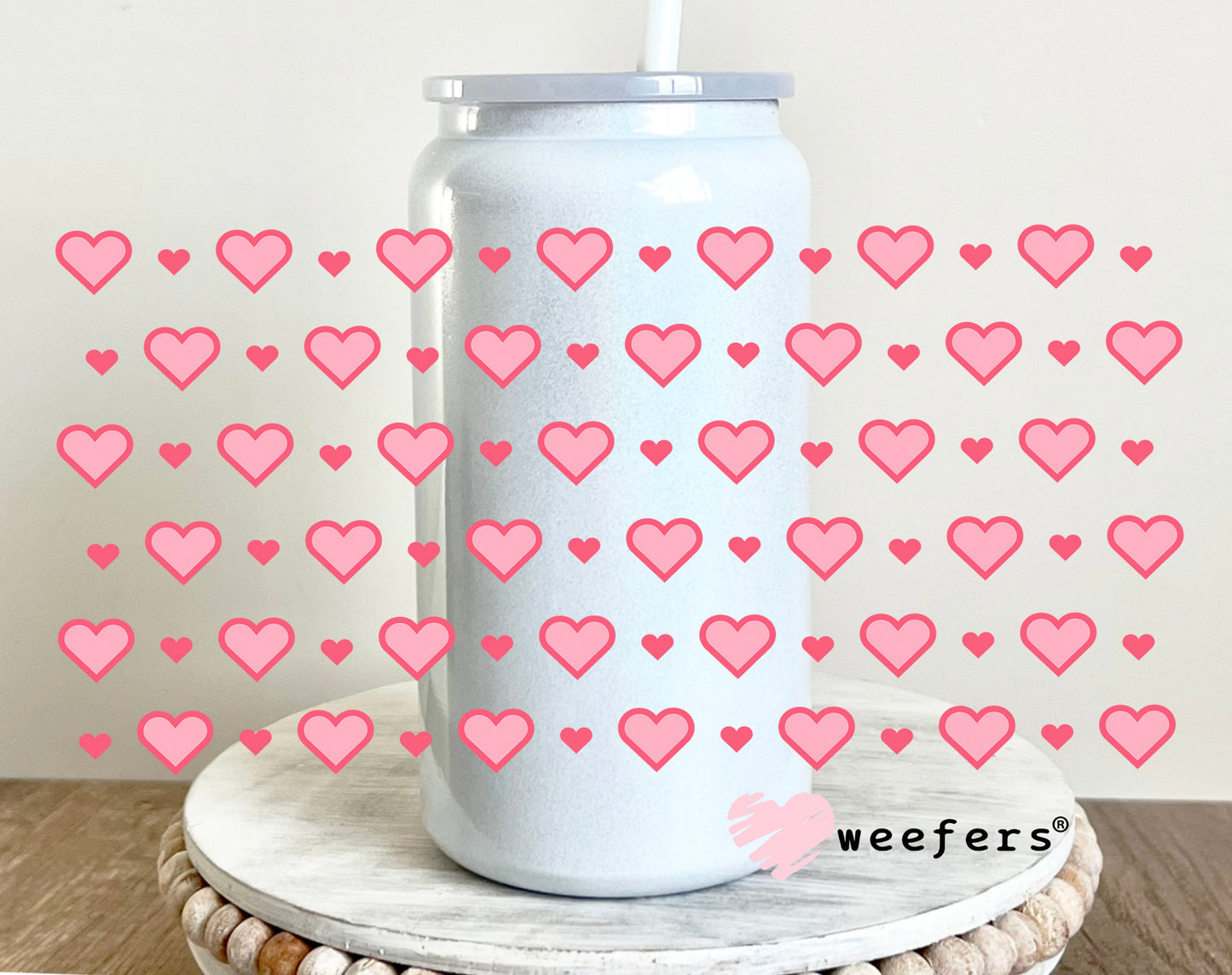 Pink Girly Hearts UV DTF Cup Wrap 16oz Glass Can Generic Weefers