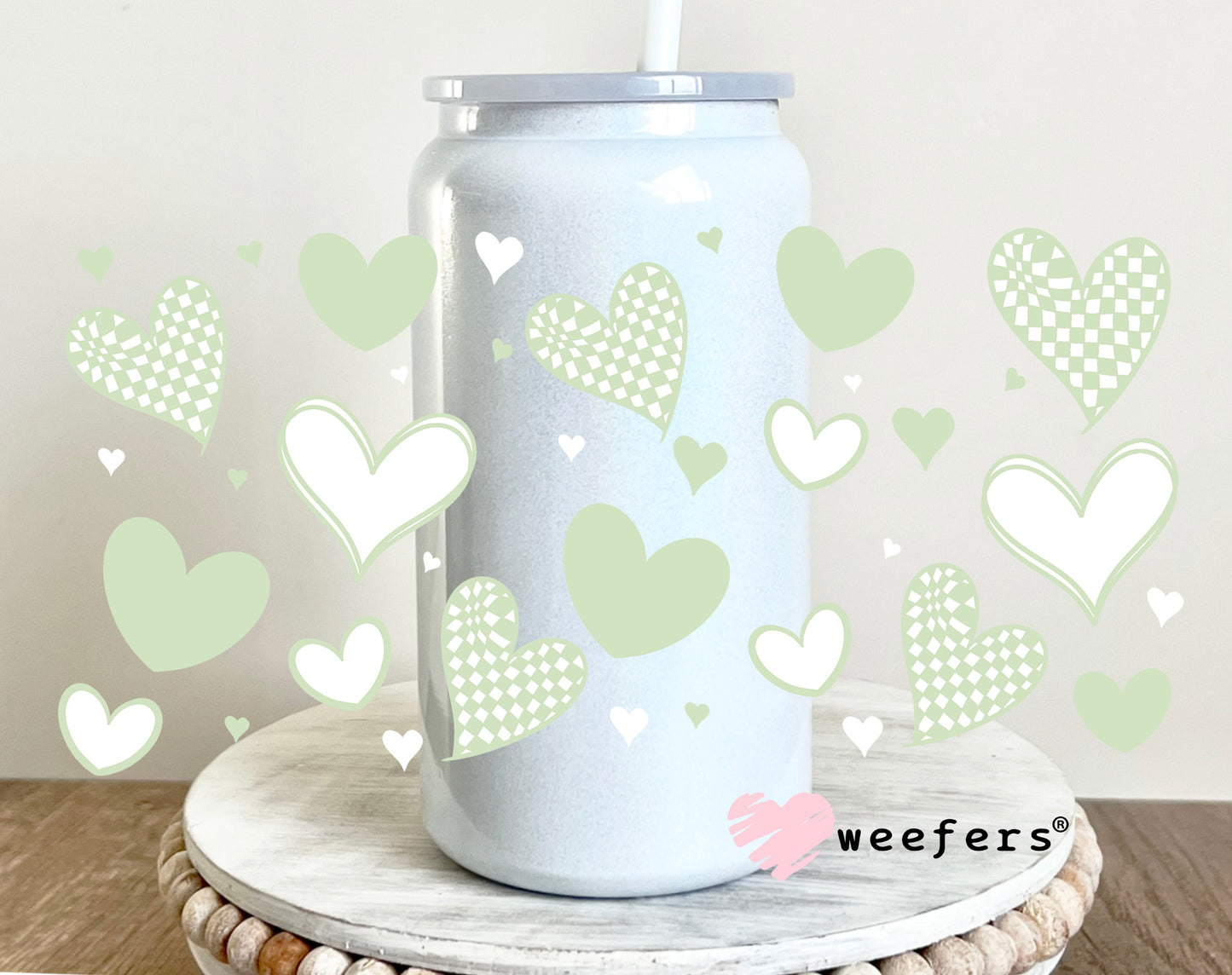 Mint Green Hearts UV DTF Cup Wrap 16oz Glass Can Generic Weefers