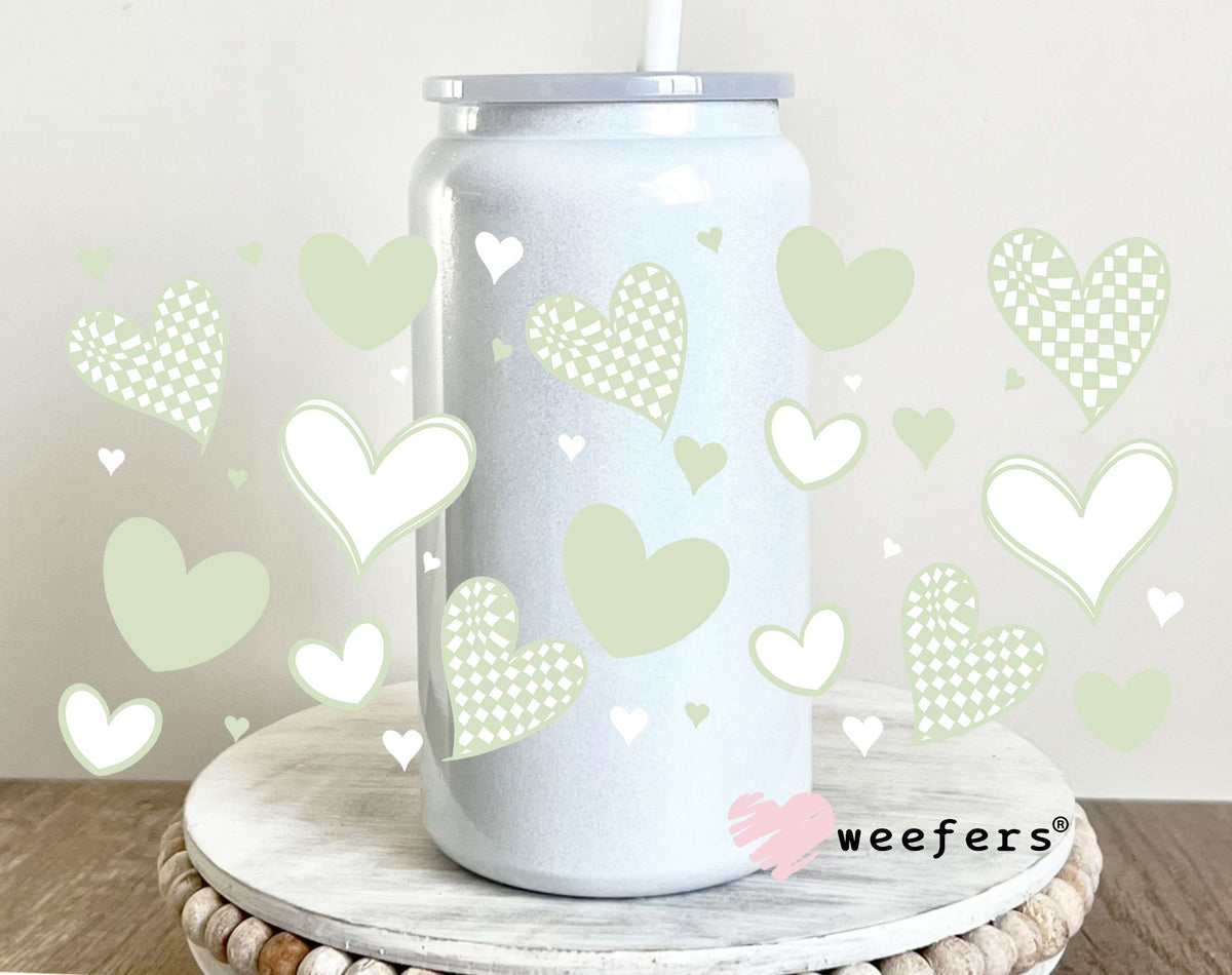 Mint Green Hearts UV DTF Cup Wrap 16oz Glass Can Generic Weefers