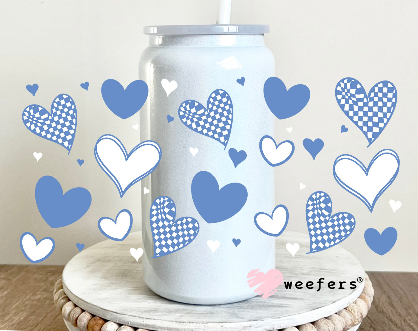 Glaucous Blue Hearts UV DTF Cup Wrap 16oz Glass Can Generic Weefers