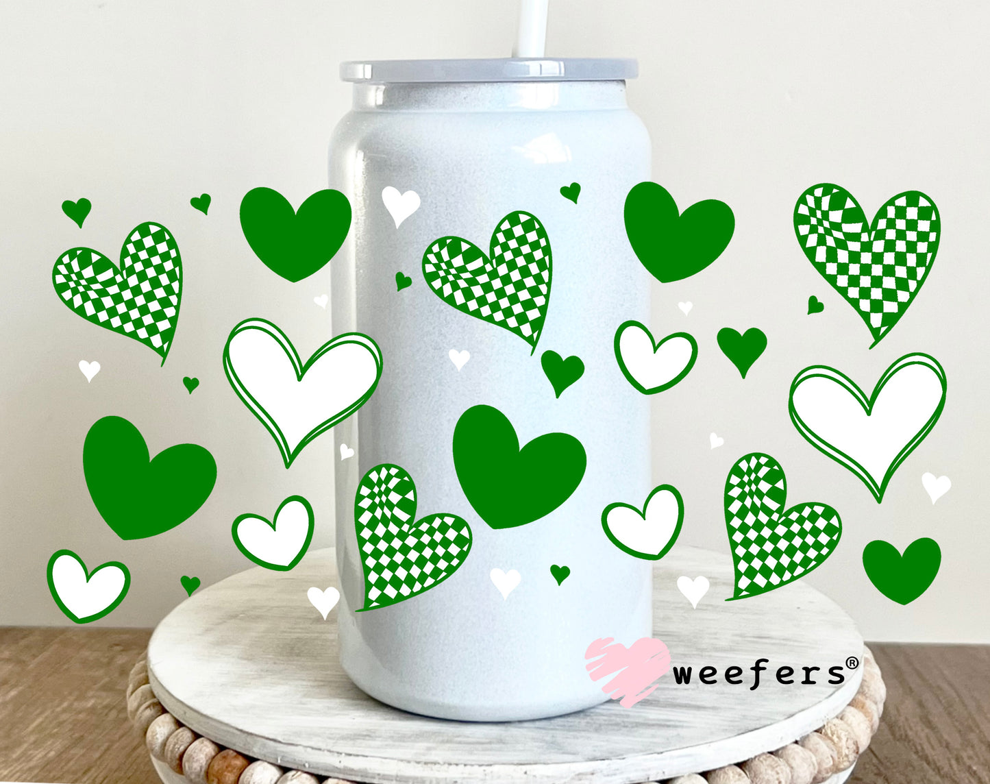 Green Hearts UV DTF Cup Wrap 16oz Glass Can Generic Weefers