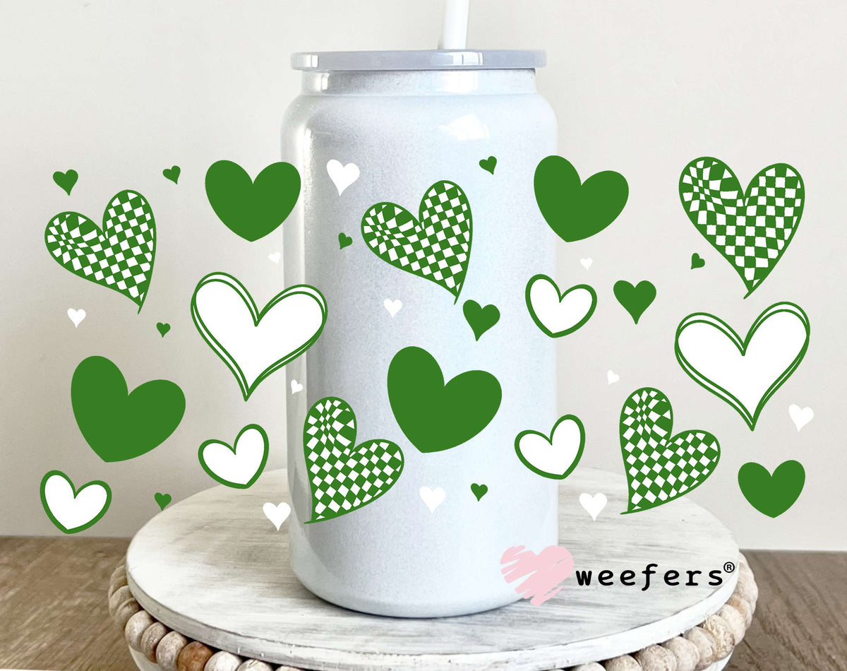 Green Hearts UV DTF Cup Wrap 16oz Glass Can Generic Weefers
