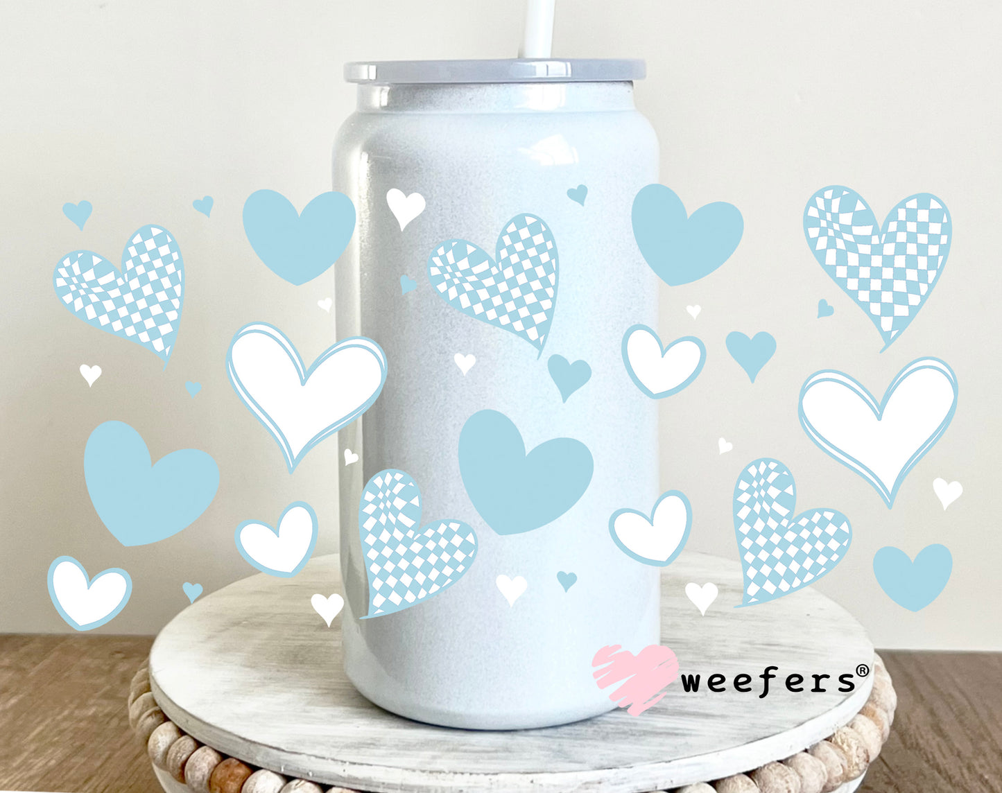 Light Blue Hearts UV DTF Cup Wrap 16oz Glass Can Generic Weefers