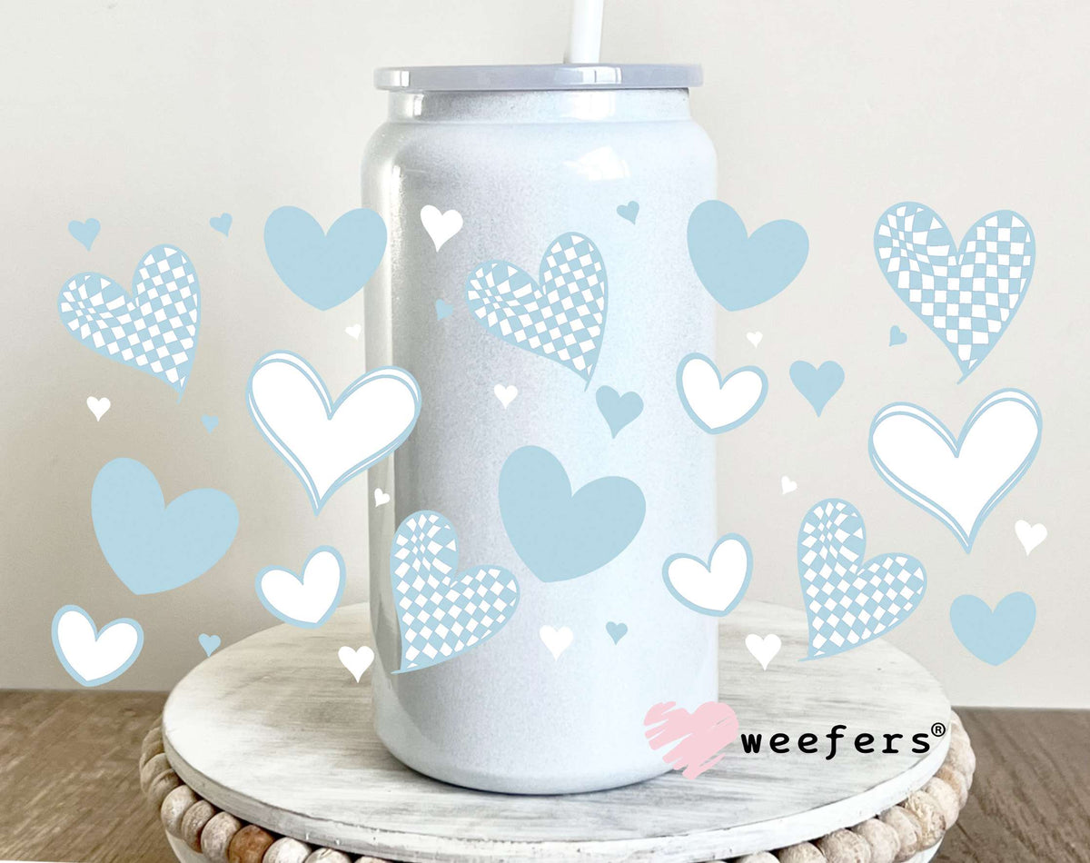 Light Blue Hearts UV DTF Cup Wrap 16oz Glass Can Generic Weefers