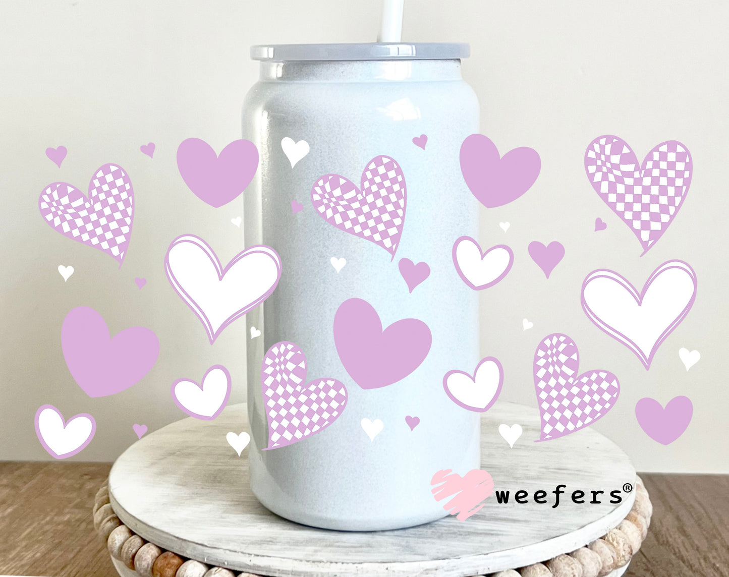Light Purple Hearts UV DTF Cup Wrap 16oz Glass Can Generic Weefers