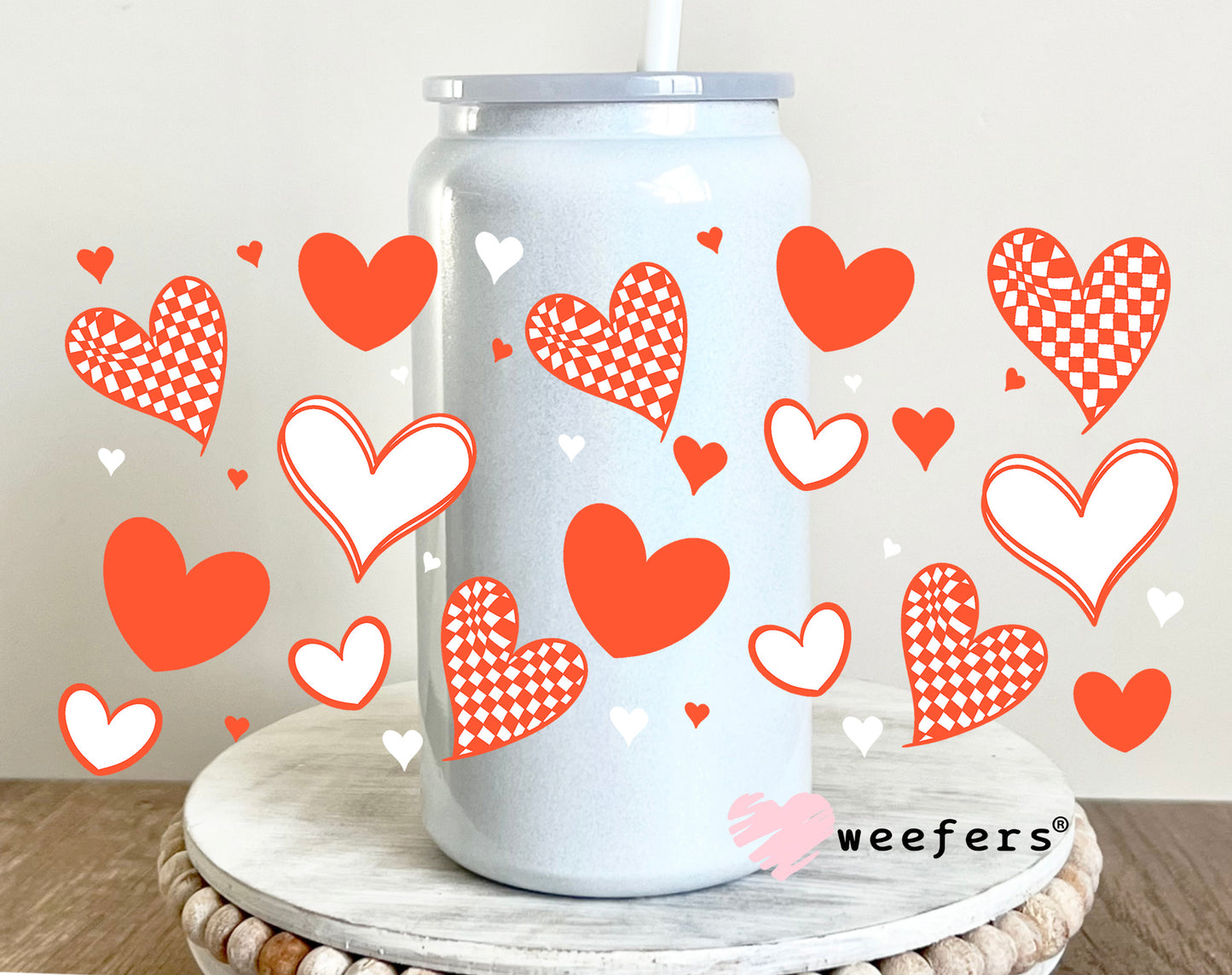 Orange Hearts UV DTF Cup Wrap 16oz Glass Can Generic Weefers