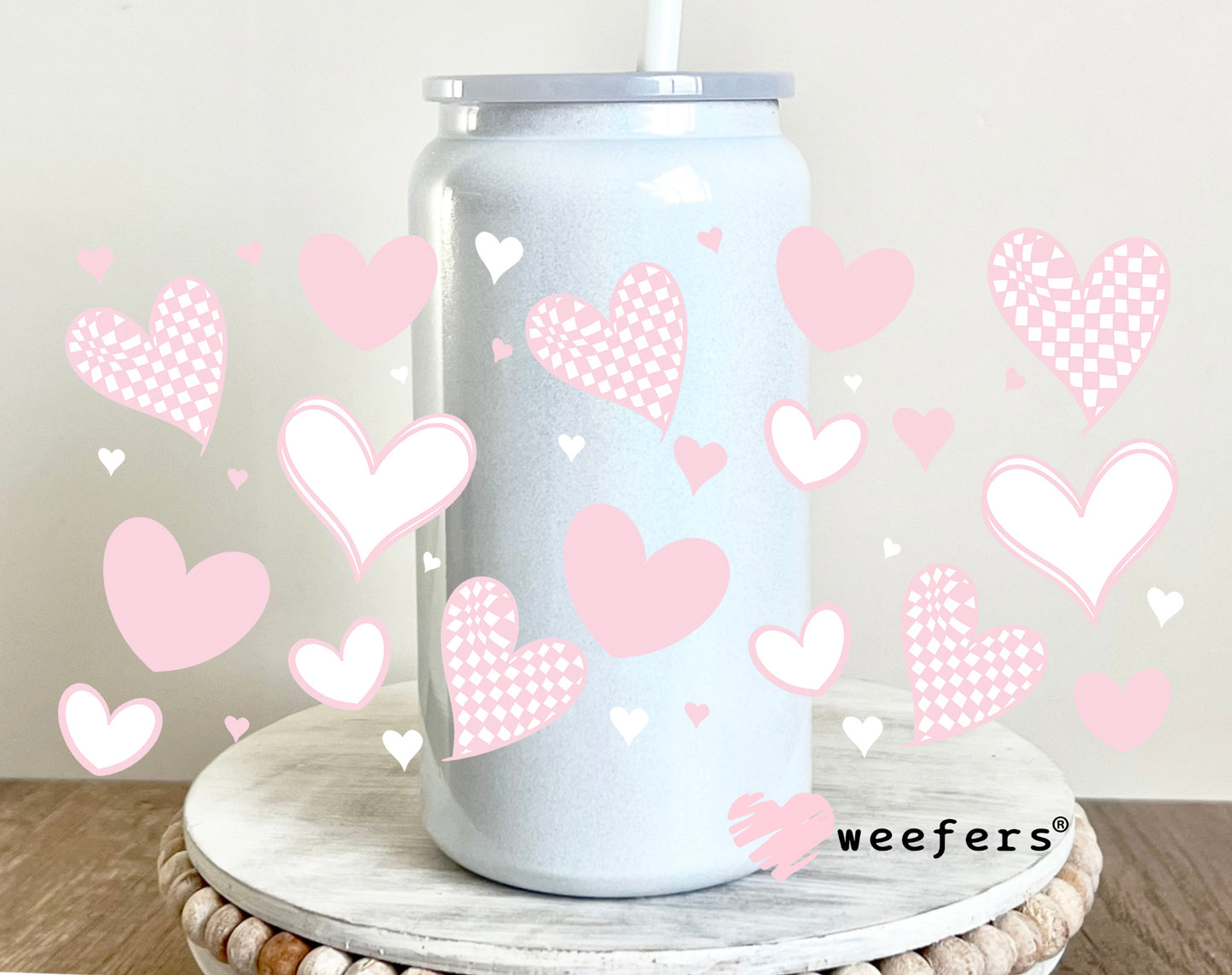 Light Pink Hearts UV DTF Cup Wrap 16oz Glass Can Generic Weefers