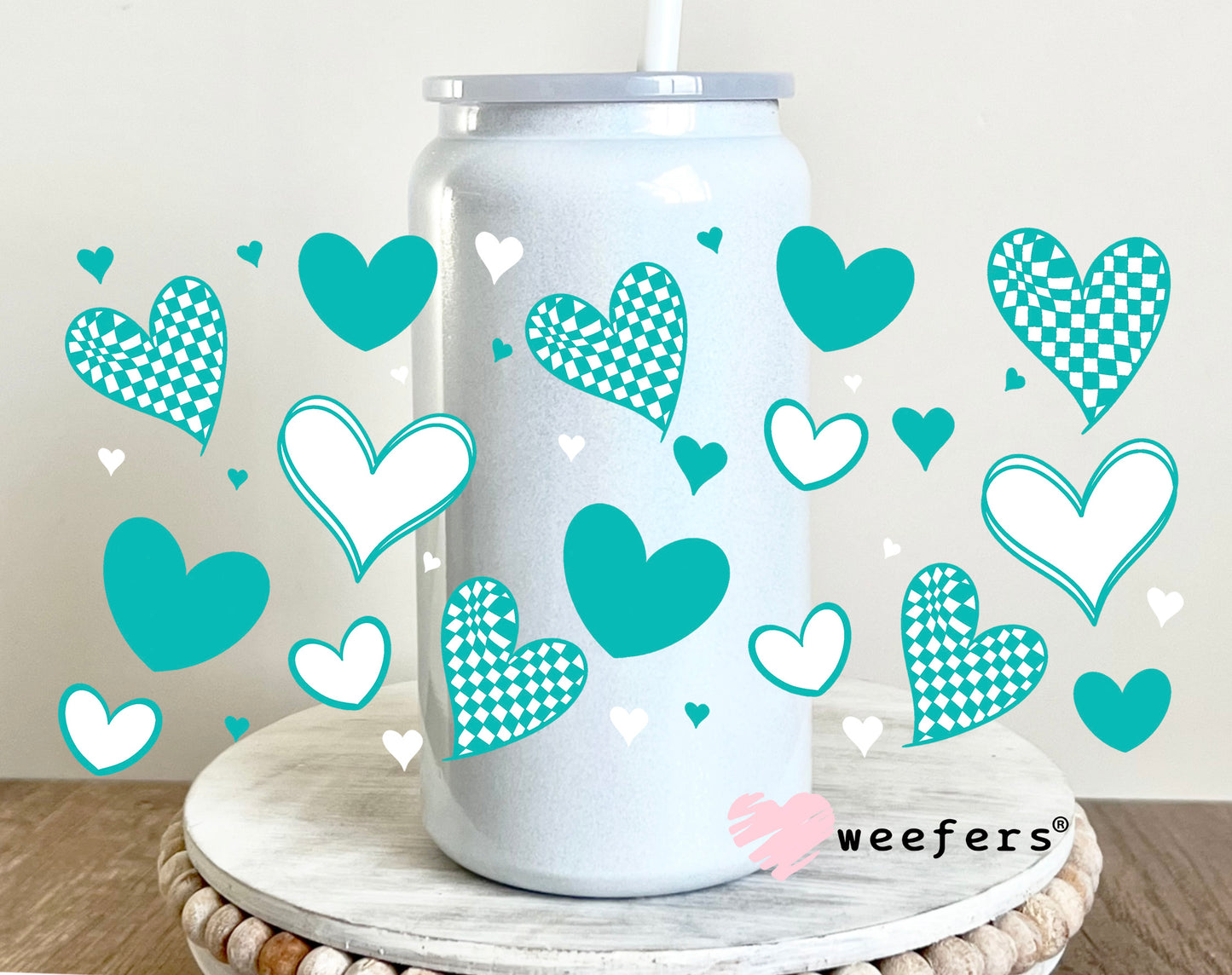 Teal Hearts UV DTF Cup Wrap 16oz Glass Can Generic Weefers
