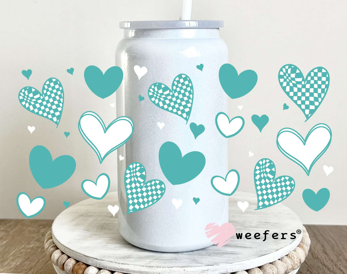 Teal Hearts UV DTF Cup Wrap 16oz Glass Can Generic Weefers