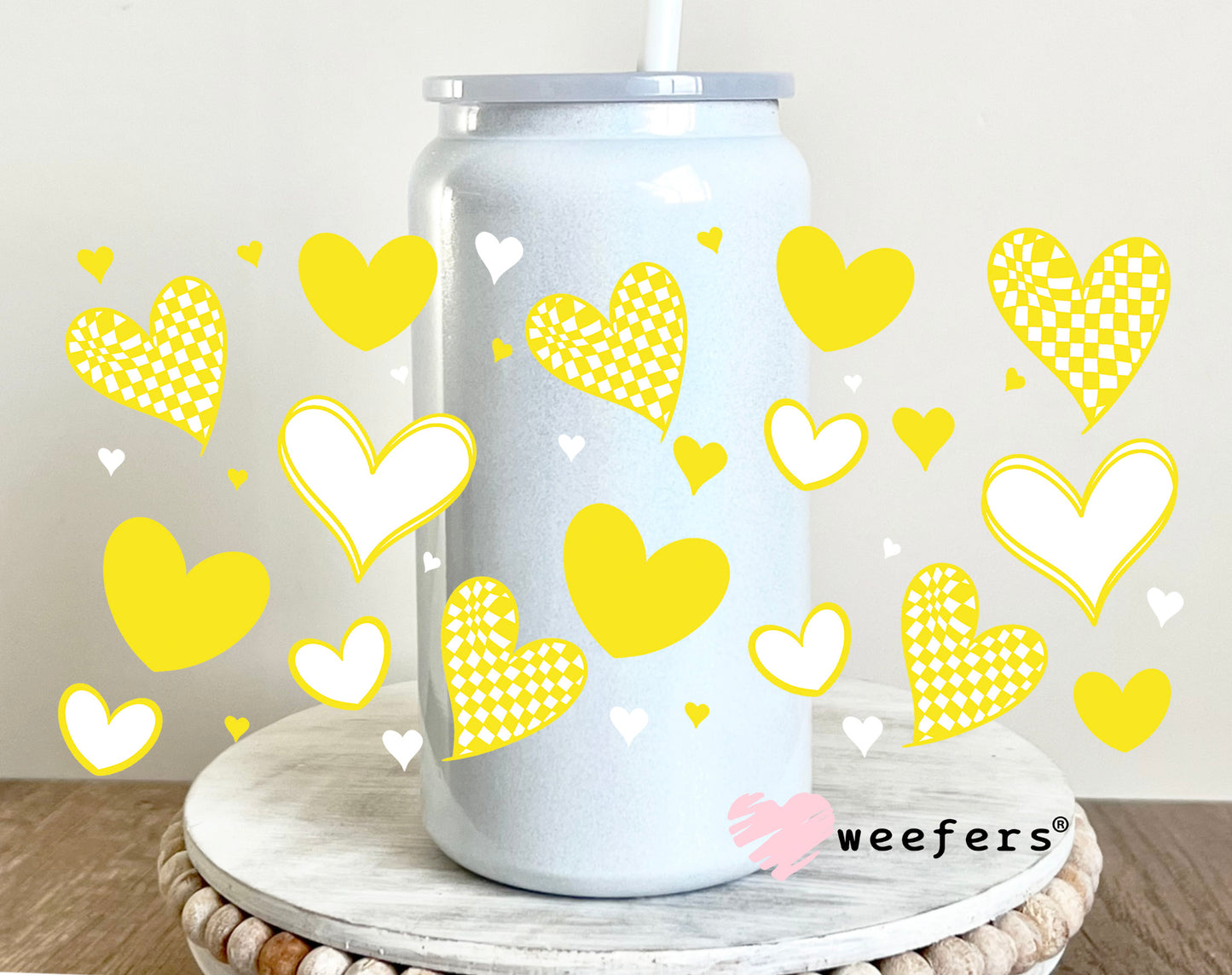 Yellow Hearts UV DTF Cup Wrap 16oz Glass Can Generic Weefers
