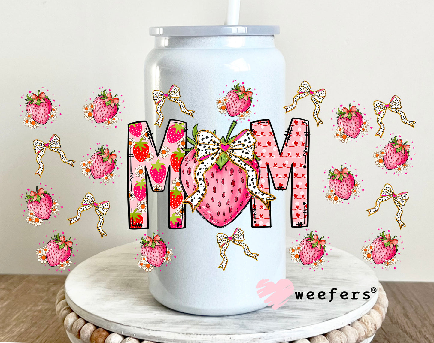 Coquette Mom Strawberries UV DTF Cup Wrap 16oz Glass Can Generic Weefers
