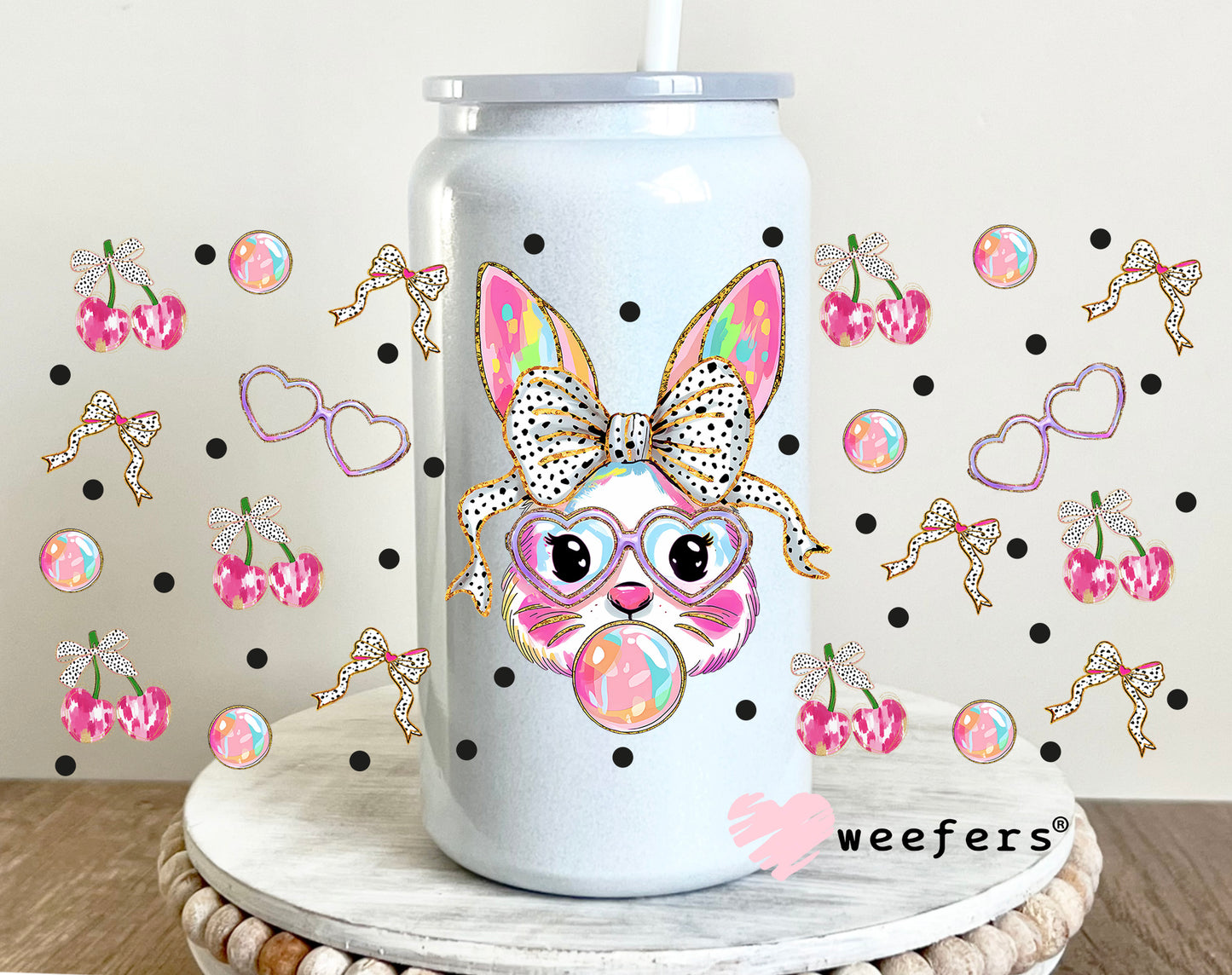 Coquette Bubble Blowing Easter Bunny UV DTF Cup Wrap 16oz Glass Can Generic Weefers
