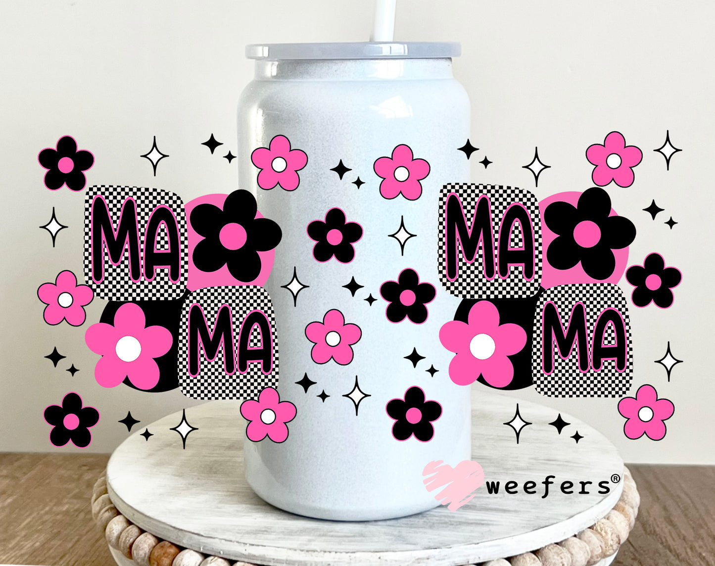 Mama Pink and Black Flowers UV DTF Cup Wrap - WEEFERS EXCLUSIVE WRAP 16oz Glass Can Generic Weefers