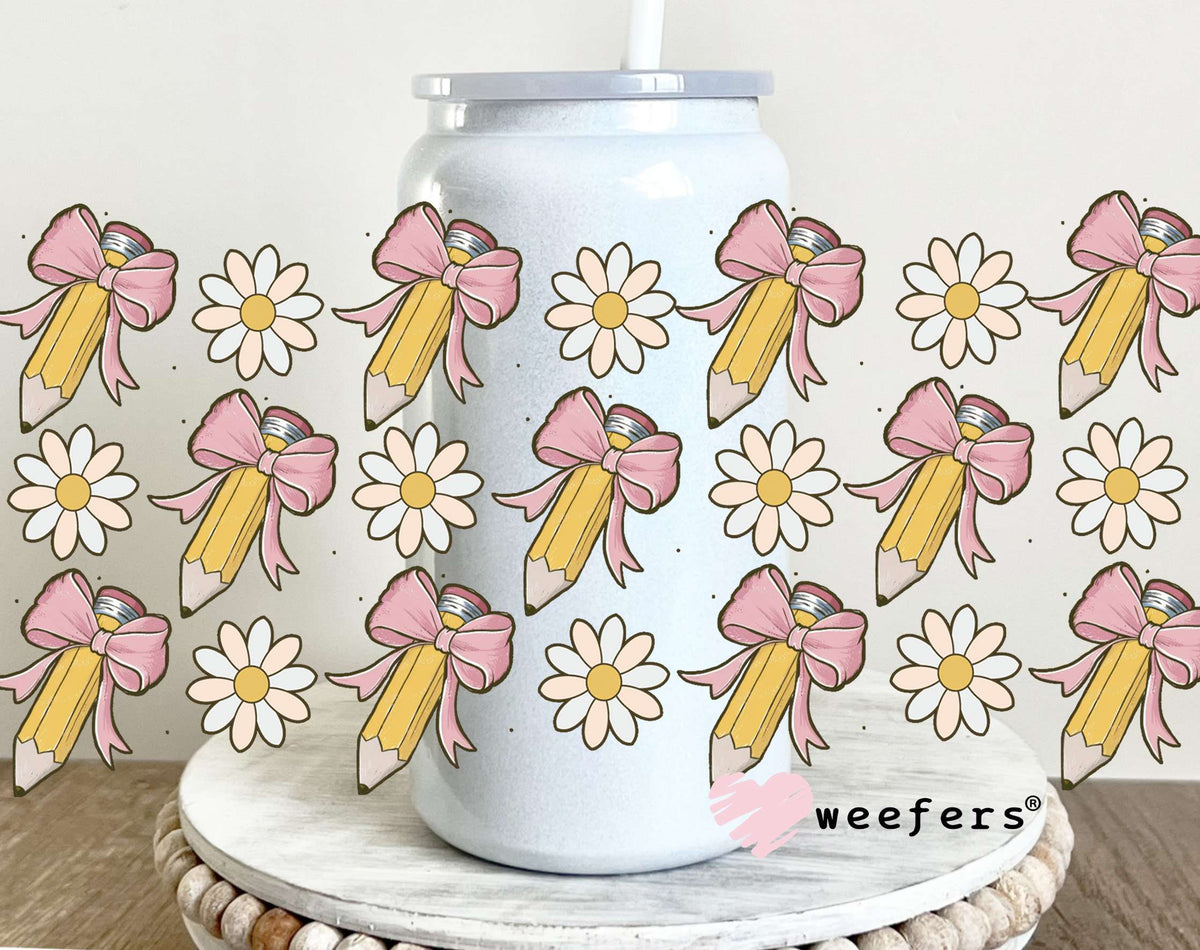 Coquette Pencils and Flowers UV DTF Cup Wrap 16oz Glass Can Generic Weefers