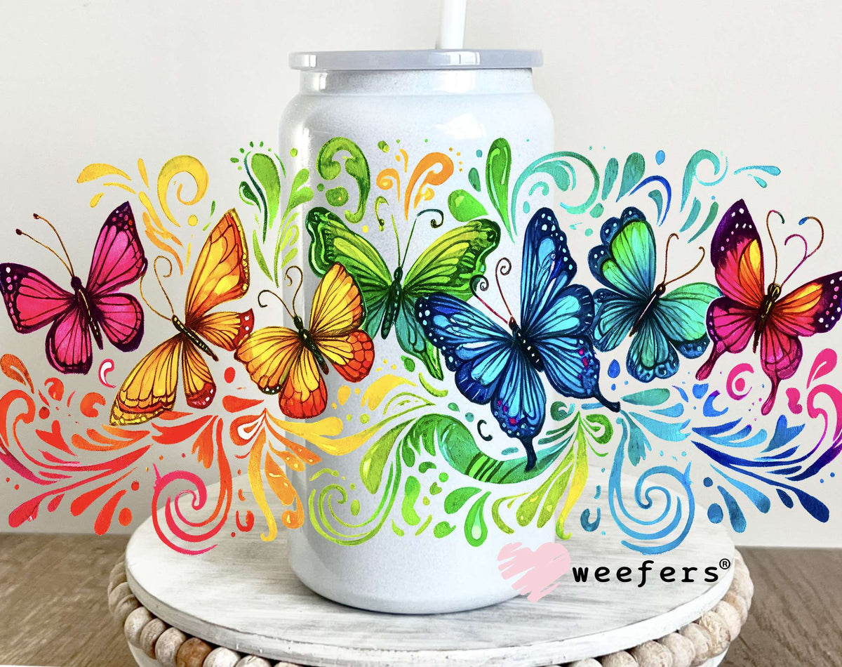 Rainbow Color Butterflies UV DTF Cup Wrap 16oz Glass Can Generic Weefers