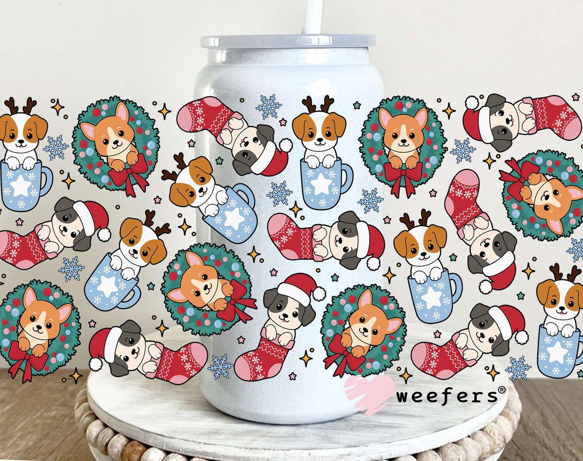 Christmas Doggy Stockings UV DTF Cup Wrap 16oz Glass Can Generic Weefers