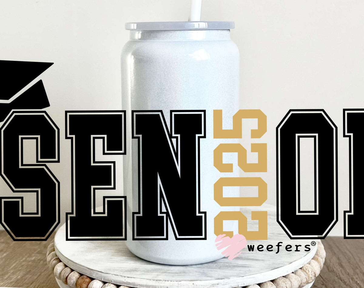 Senior 2025 Black Gold Cap UV DTF Cup Wrap 16oz Glass Can Generic Weefers