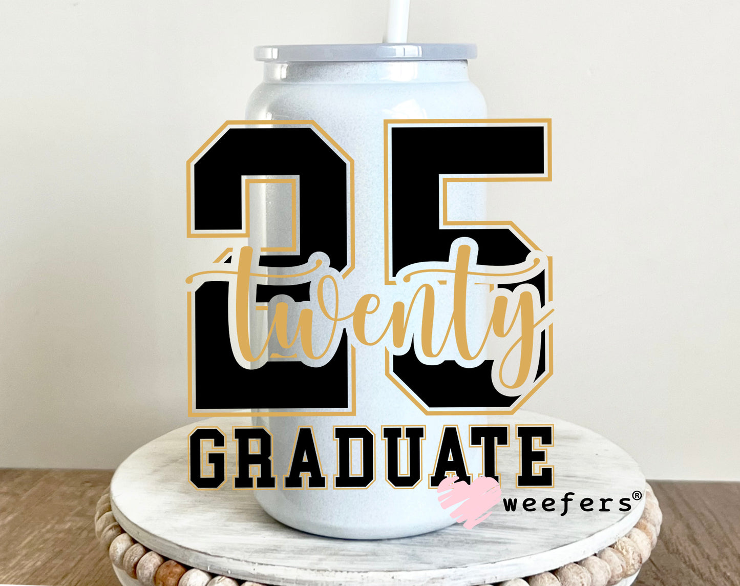 2025 Graduate Black Gold Cap UV DTF Decal 16oz Glass Can Generic Weefers