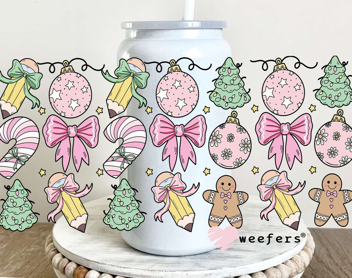Coquette Christmas Pink and Green UV DTF Cup Wrap 16oz Glass Can Generic Weefers