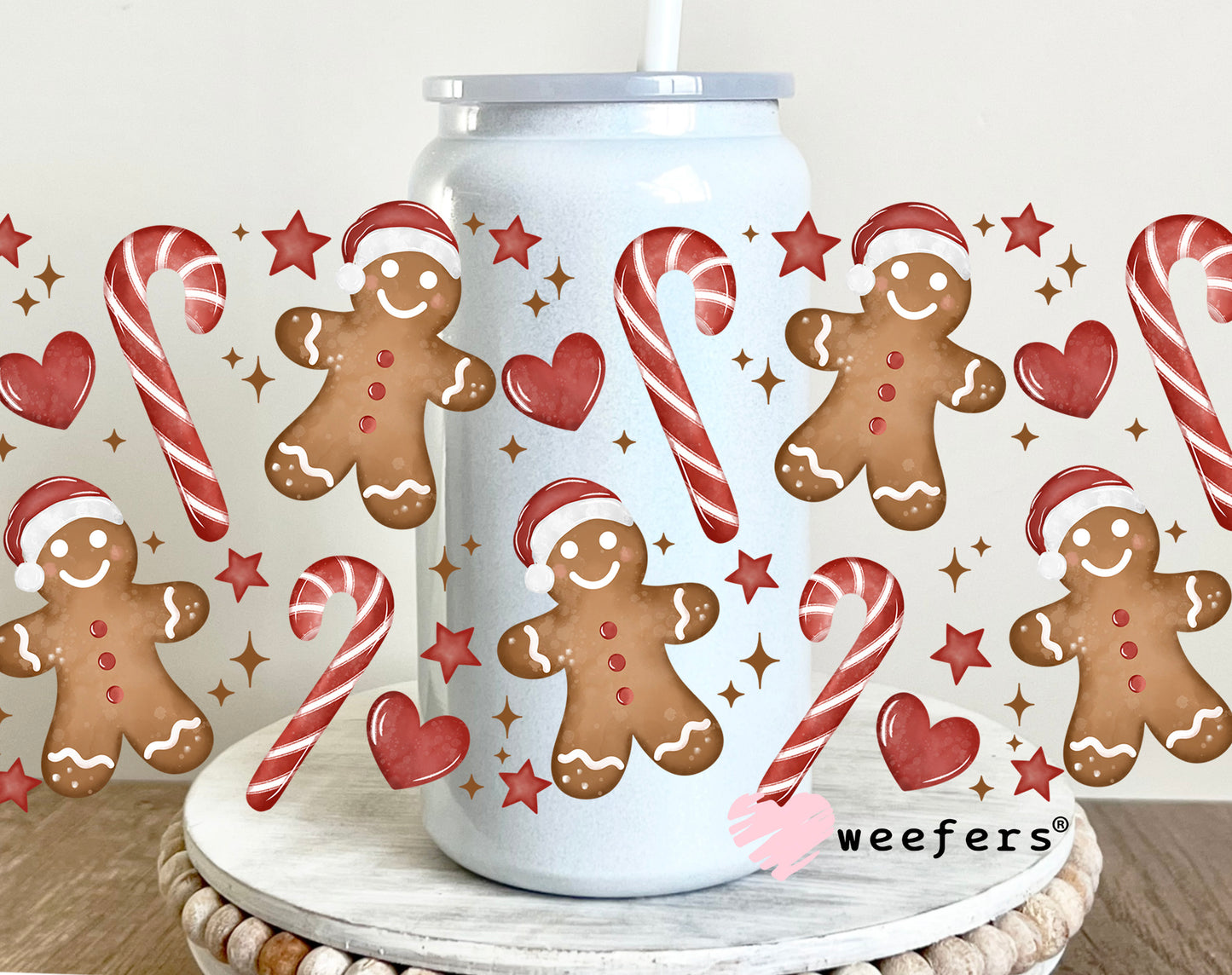 Gingerbread Candy Canes UV DTF Cup Wrap 16oz Glass Can Generic Weefers