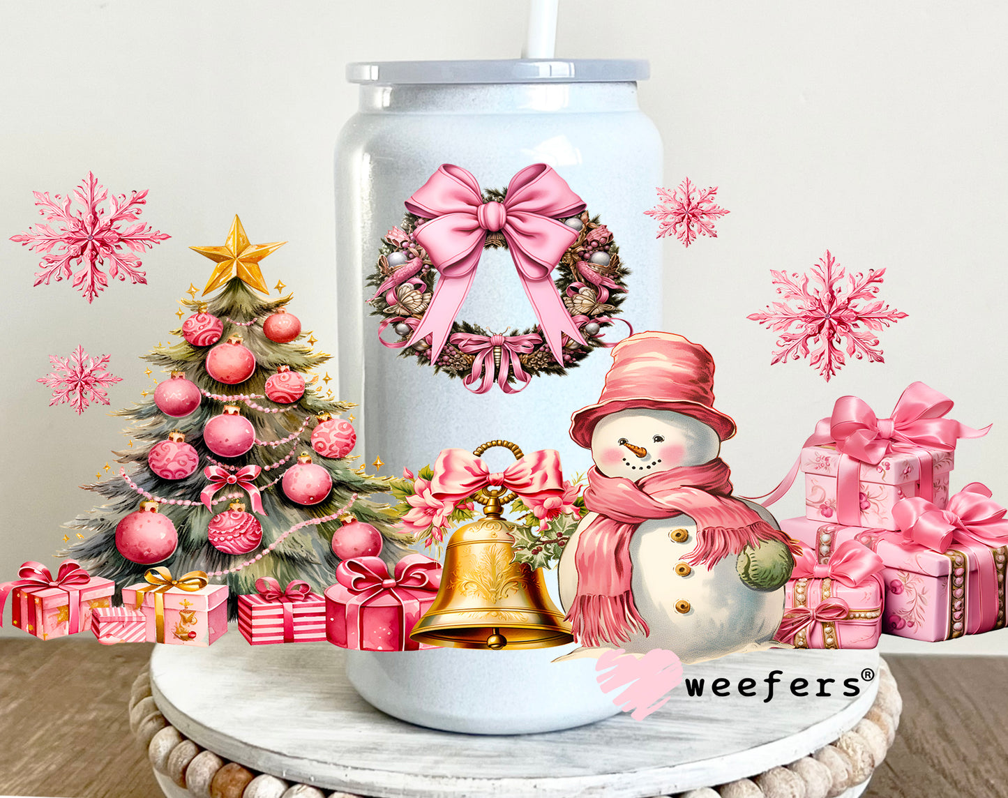 Pink Christmas Snowman Tree UV DTF Cup Wrap 16oz Glass Can Generic Weefers