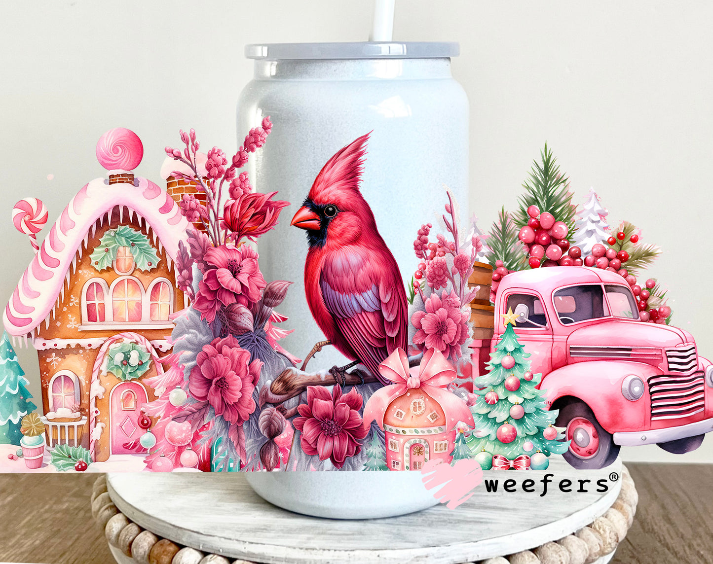 Pink Cardinal Winter Wonderland UV DTF Cup Wrap 16oz Glass Can Generic Weefers