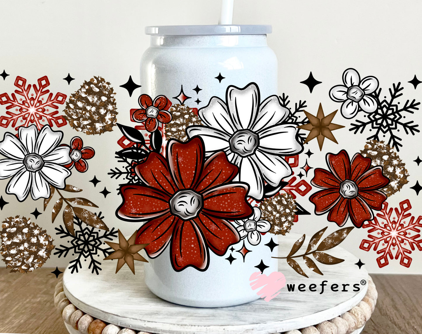 Christmas Flowers UV DTF Cup Wrap 16oz Glass Can Generic Weefers