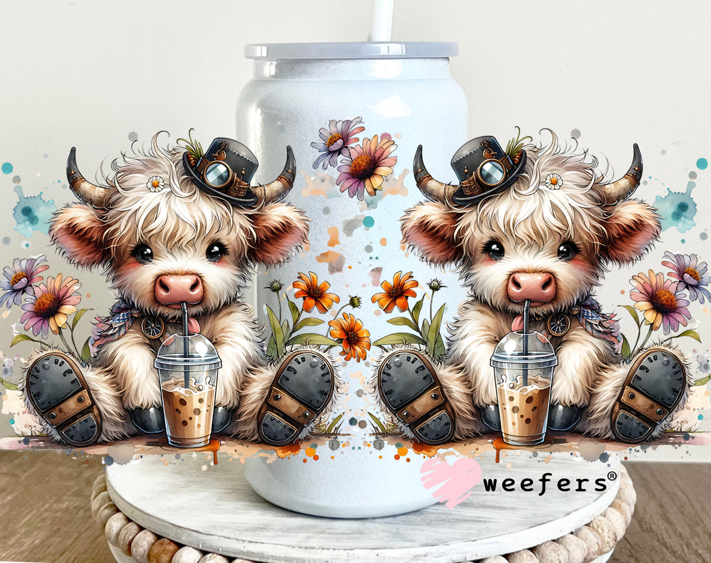 Steampunk Highlander Cow UV DTF Cup Wrap 16oz Glass Can Generic Weefers