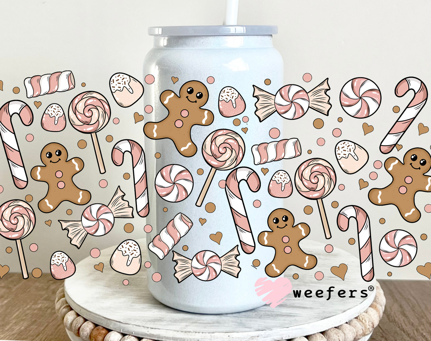 Gingerbread Christmas Candy UV DTF Cup Wrap 16oz Glass Can Generic Weefers