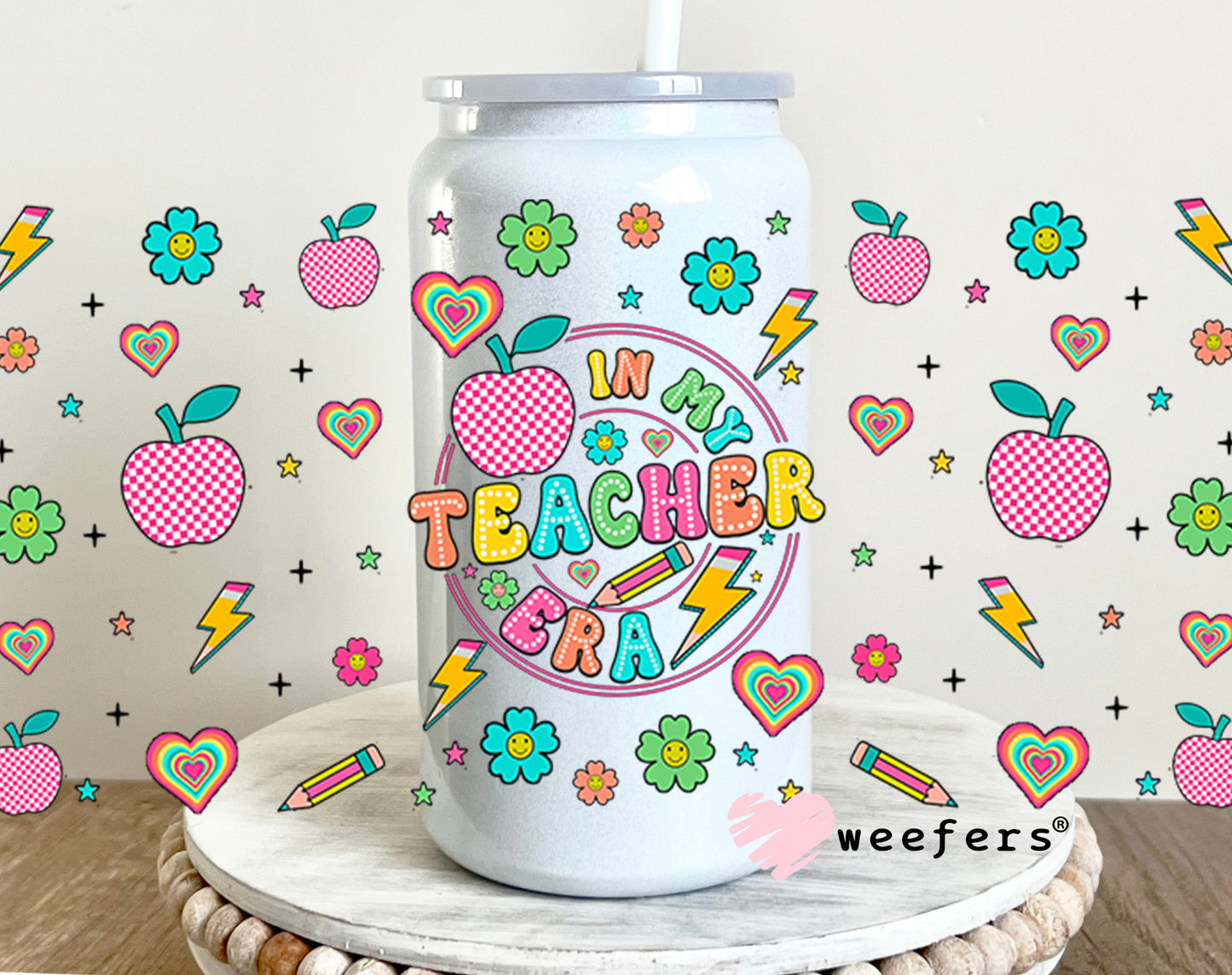 In My Teacher Era Flowers UV DTF Cup Wrap 16oz Glass Can Generic Weefers
