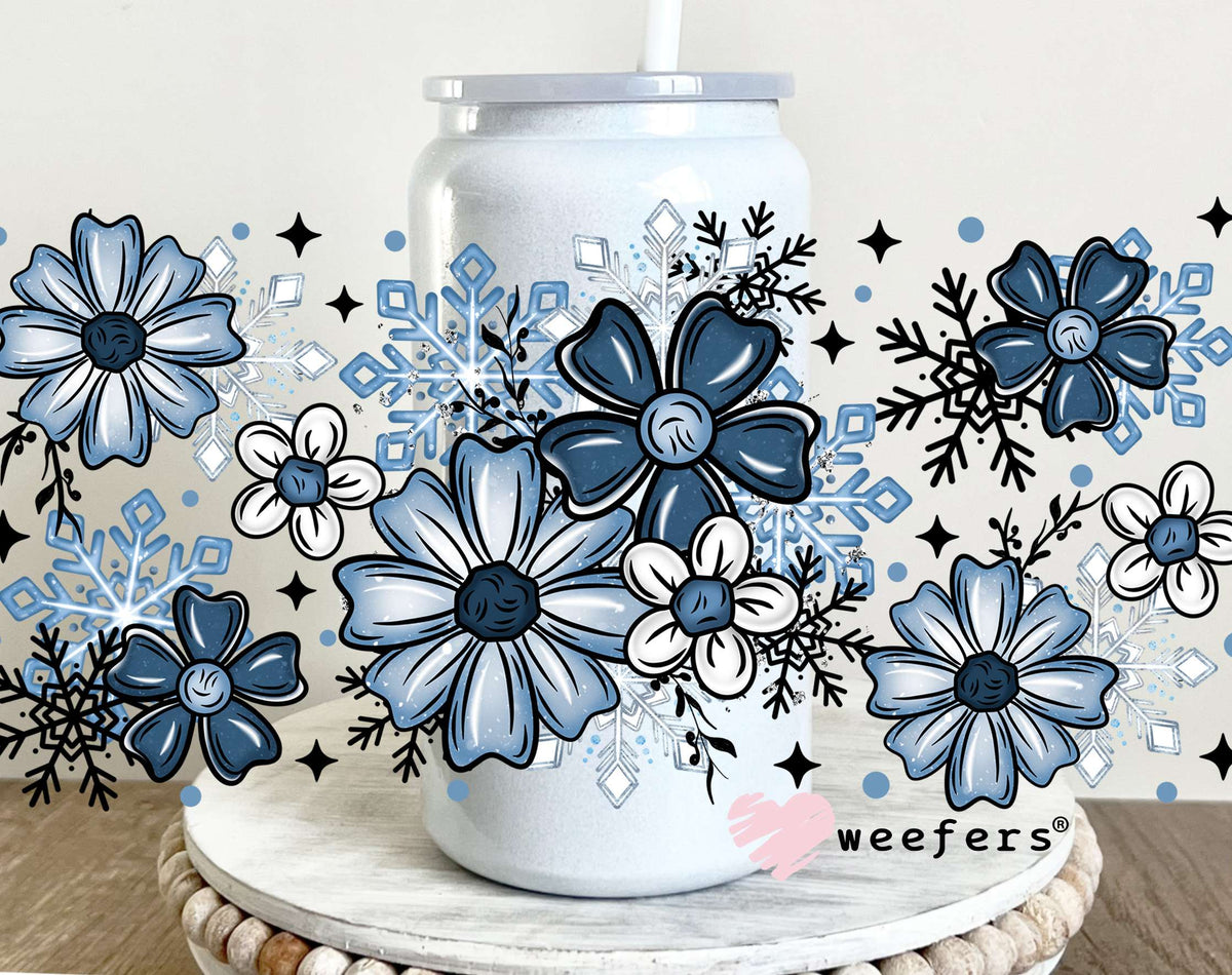 Blue Winter Flowers UV DTF Cup Wrap 16oz Glass Can Generic Weefers