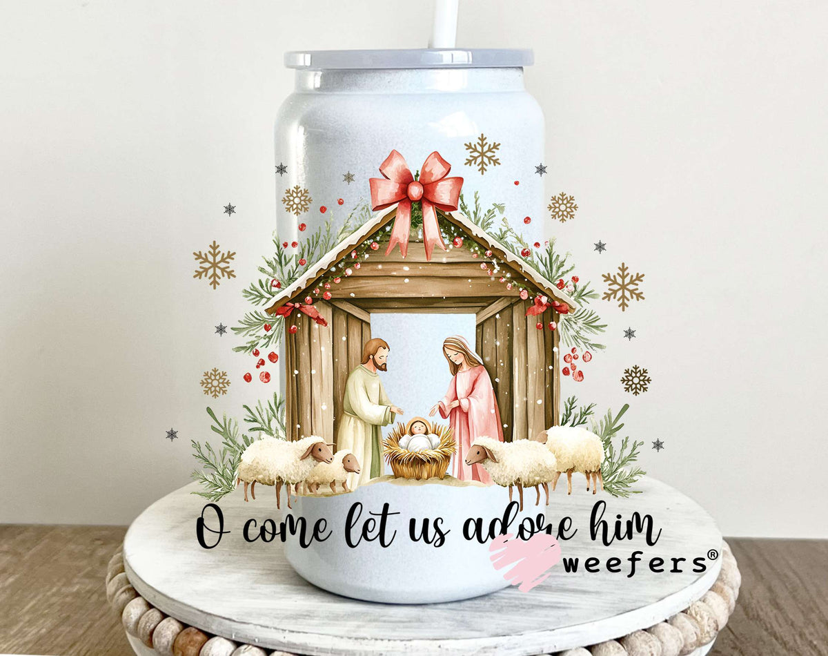 Oh Come Let Us Adore Him Baby Jesus UV DTF Decal 16oz Glass Can Generic Weefers