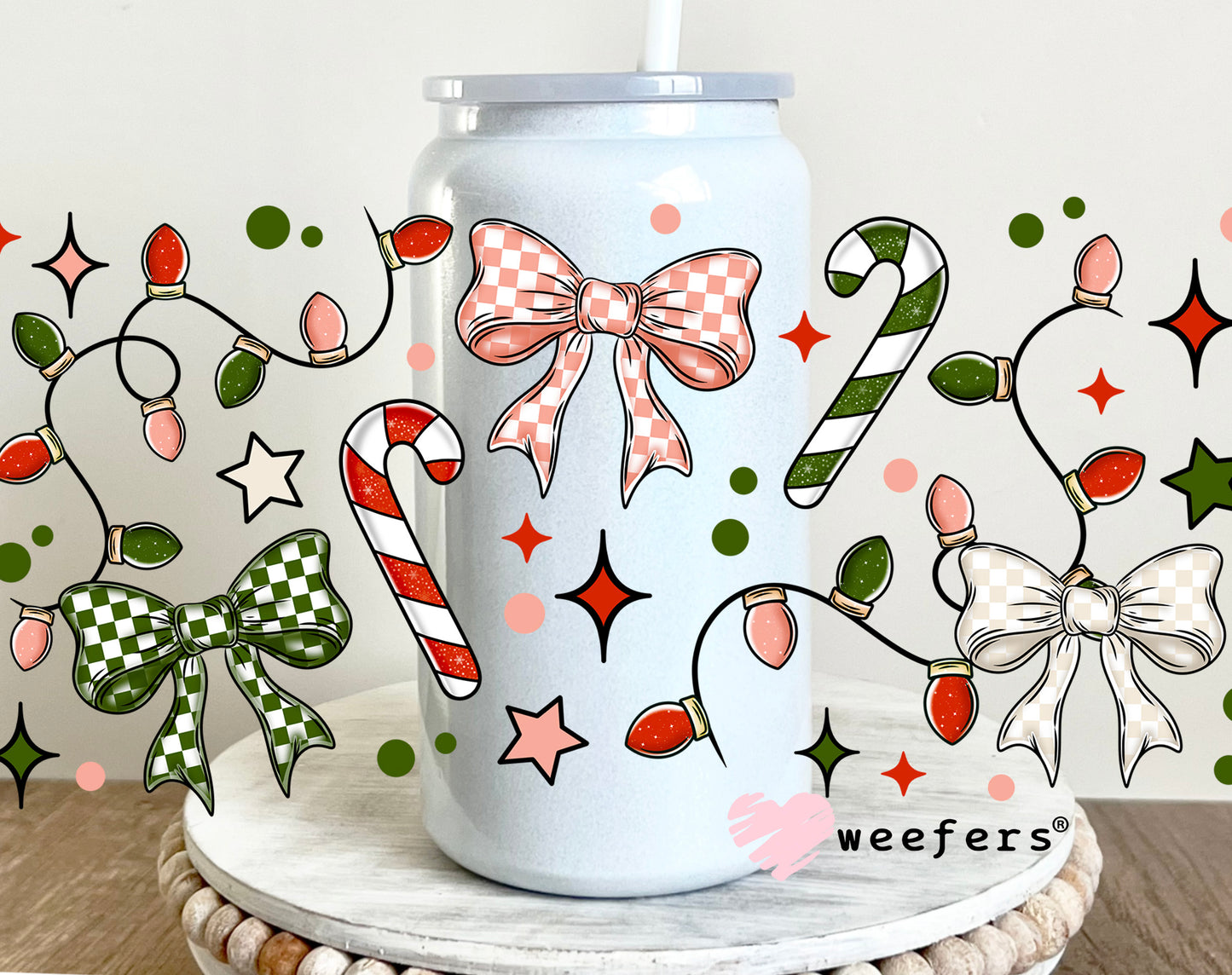 Christmas Bows and Candy Canes UV DTF Cup Wrap 16oz Glass Can Generic Weefers