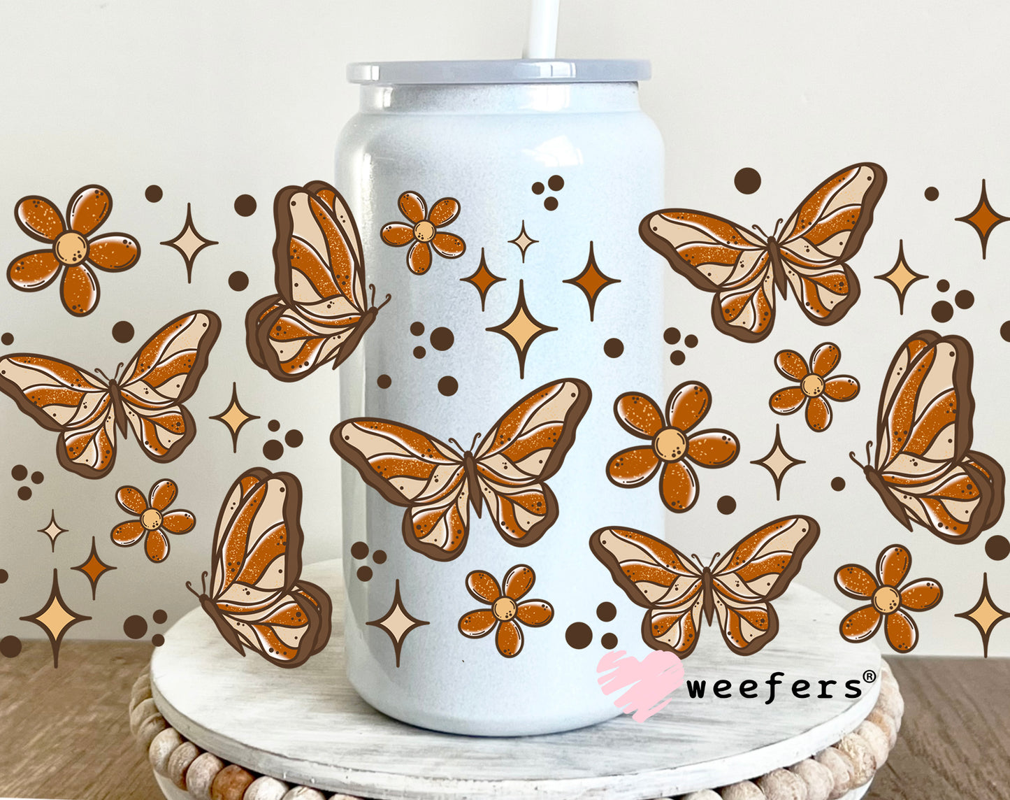 Brown Butterflies UV DTF Cup Wrap 16oz Glass Can Generic Weefers