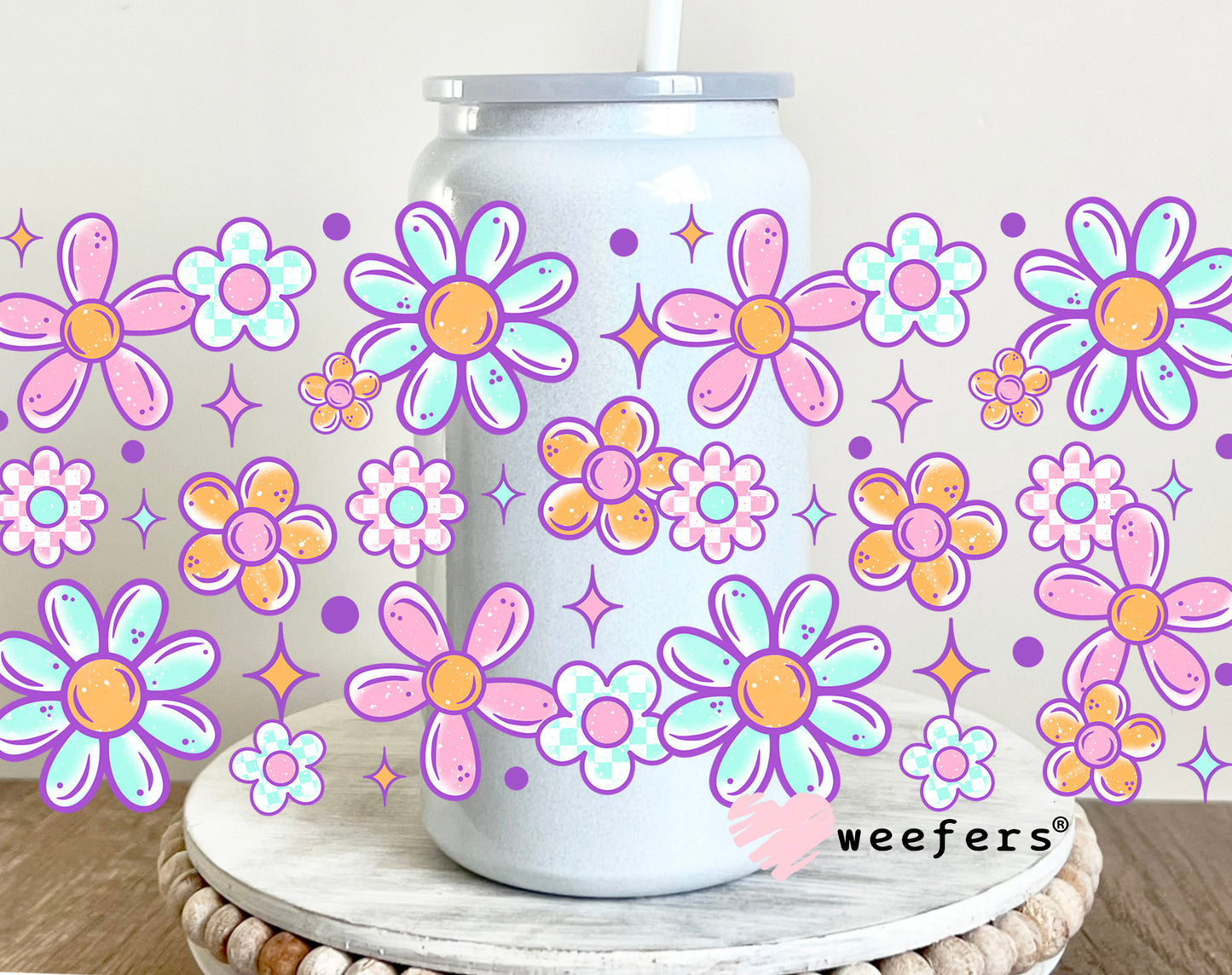 Purple and Pink Flowers UV DTF Cup Wrap 16oz Glass Can Generic Weefers