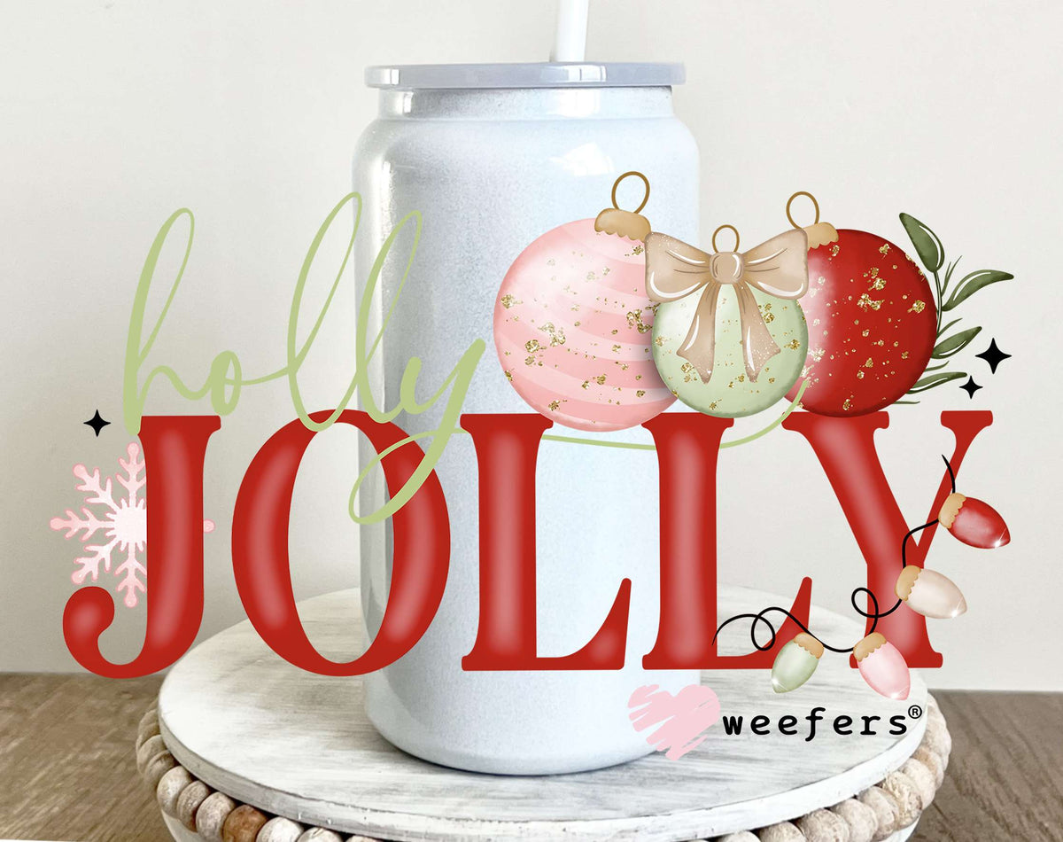 Holly Jolly Pink Red UV DTF Decal 16oz Glass Can Generic Weefers