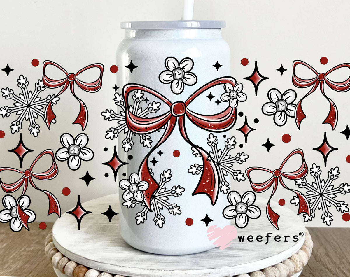 Red Christmas Bows UV DTF Cup Wrap 16oz Glass Can Generic Weefers