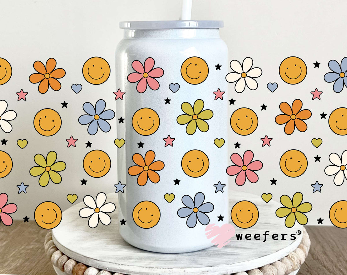 Smile Faces Flowers UV DTF Cup Wrap 16oz Glass Can Generic Weefers
